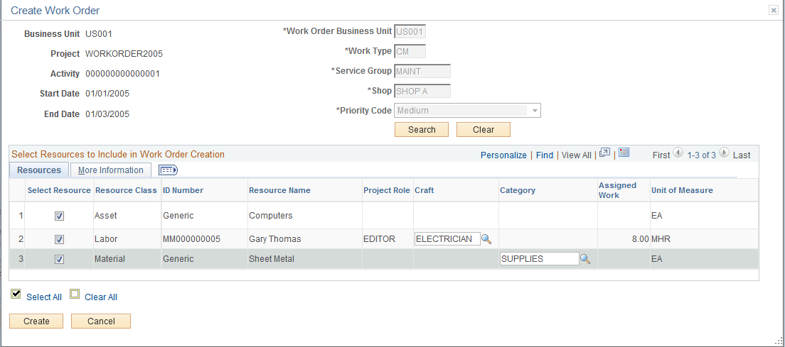 Create Work Order page