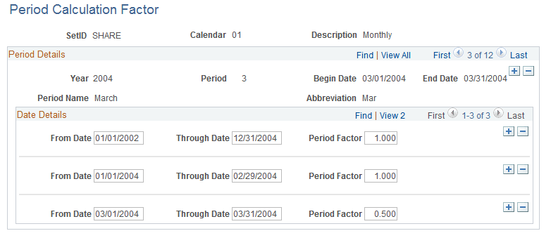 Example of the Period Calculation Factor page with Straight Average method