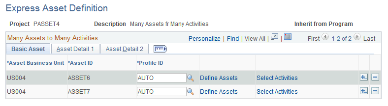 Express Asset Definition page (many assets from many activities)