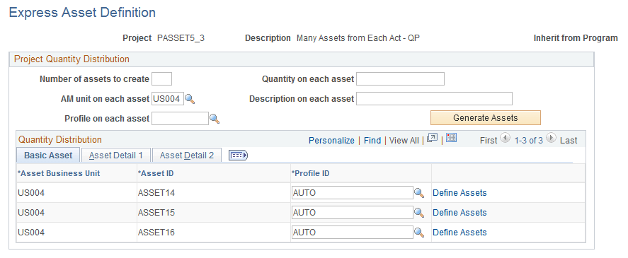 Express Asset Definition page (quantity distribution at the project level)