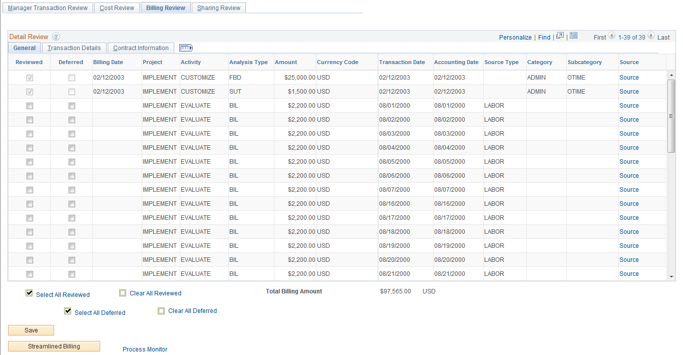Manager Transaction Review - Billing Review: General page