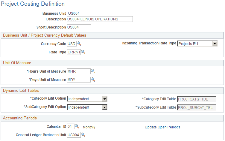 Project Costing Definition page
