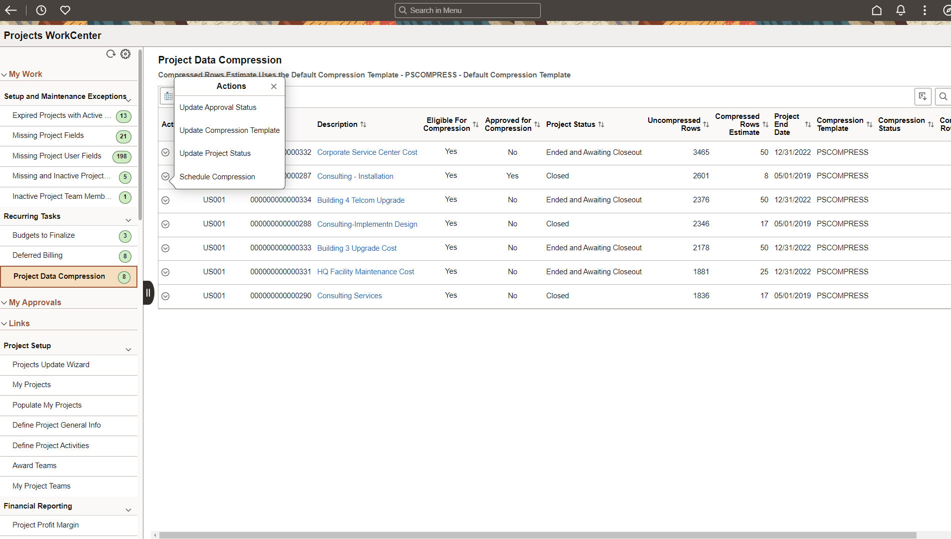 Project Data Compression page_Actions