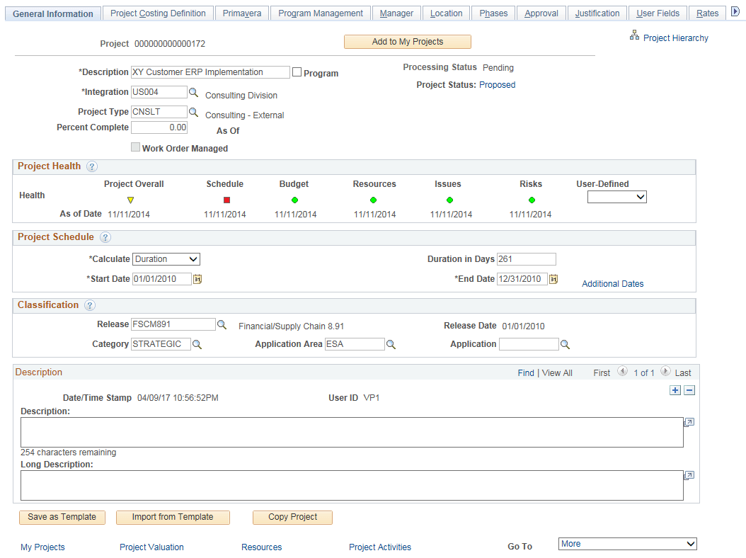 Project Definition - General Information page
