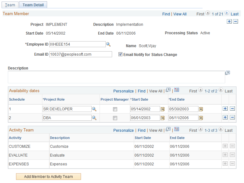 Project Definitions - Team Detail page