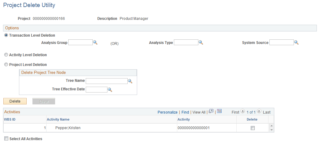 Project Delete Utility page