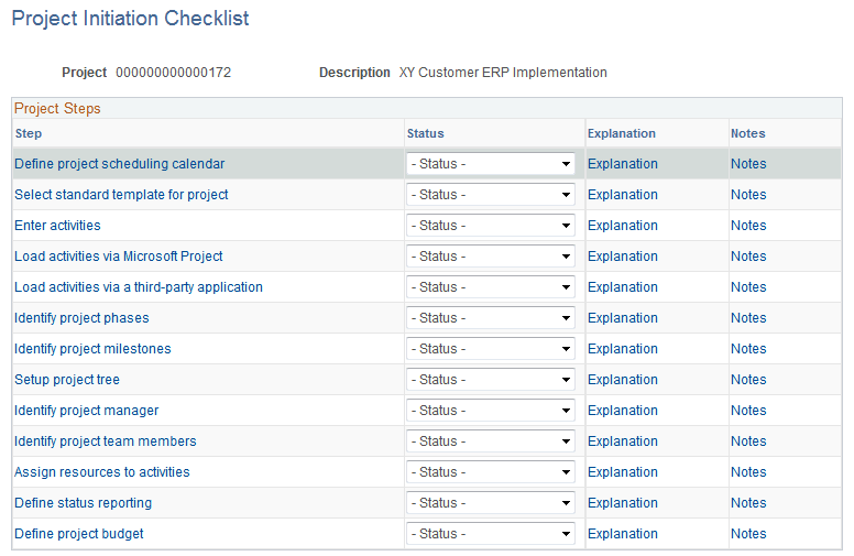 Project Initiation Checklist page (1 of 2)