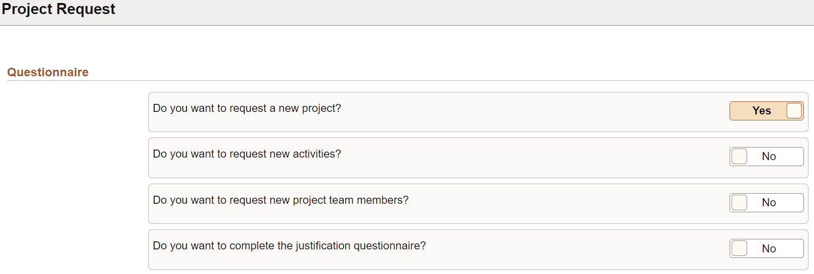 Project Request Questionnaire Page