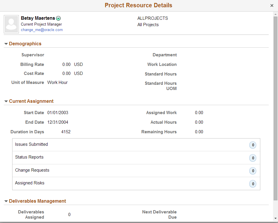 Project Schedules - Project Resource Details page