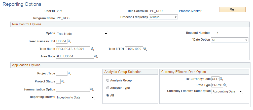 Reporting Options page