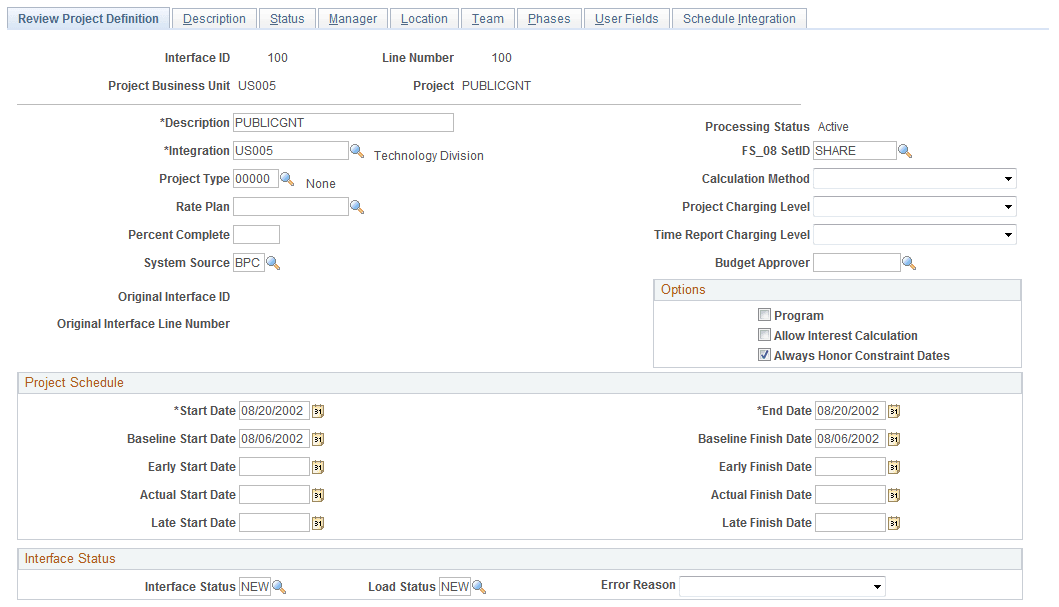 Review Project Definition page