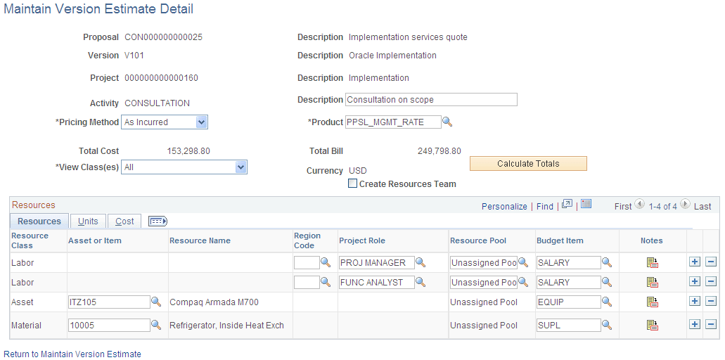 Maintain Version Estimate Detail page