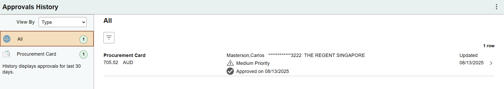 Approvals History - Procurement Card