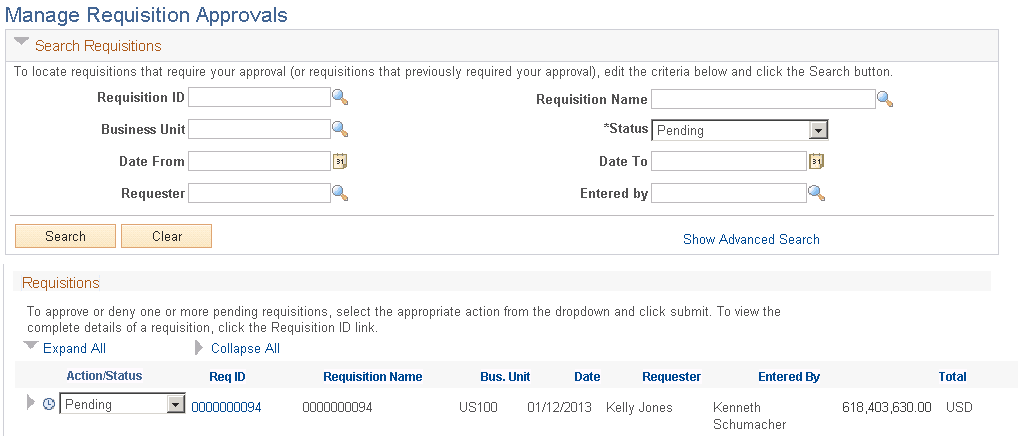 Approving an entire requisition using the Manage Requisition Approvals page (partial page)