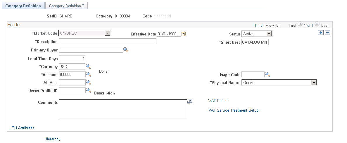 Category Definition page