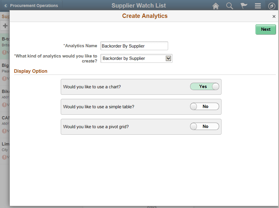 Create Analytics Wizard - Step 1 as displayed on a tablet (Backorder by Supplier)