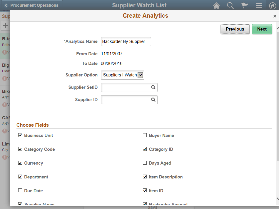 Create Analytics Wizard - Step 2 as displayed on a tablet (Backorder by Supplier)