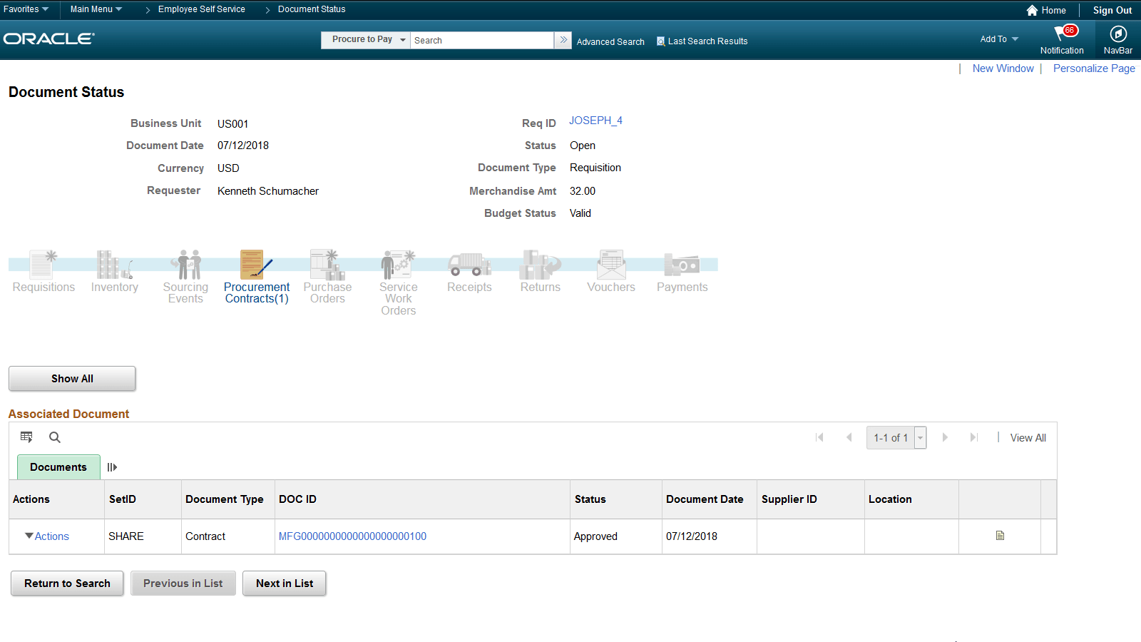 Document Status page for a requisition