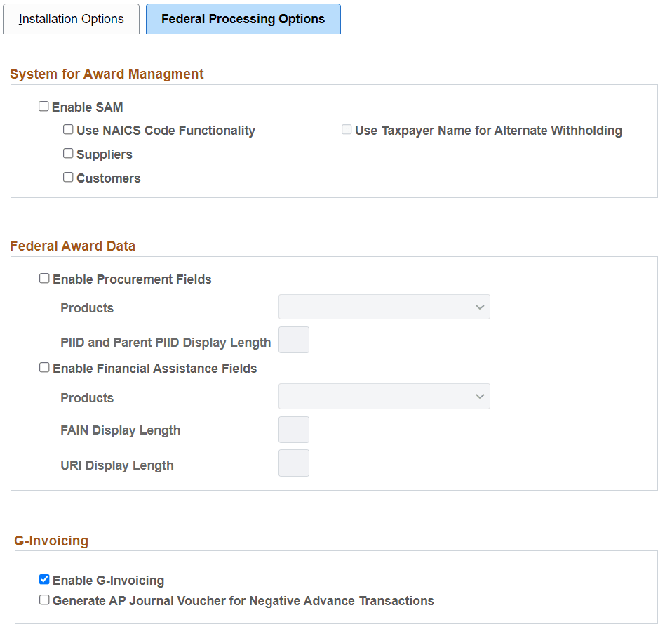 Federal Processing Options Page