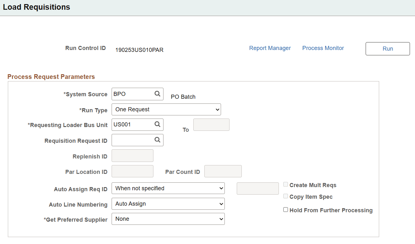 Load Requisitions page