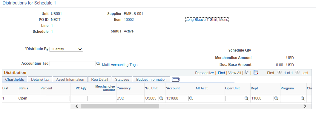 Maintain Purchase Order Distributions for Schedule page