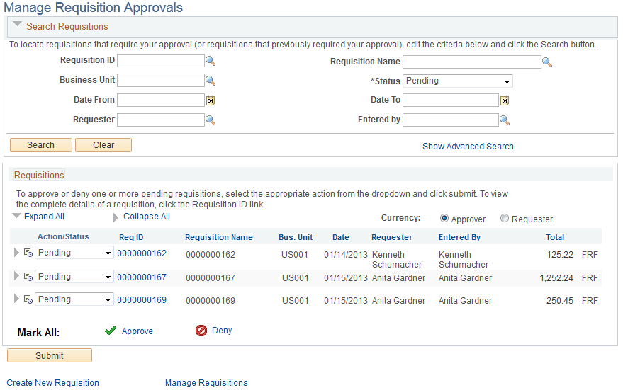 Manage Requisition Approvals page
