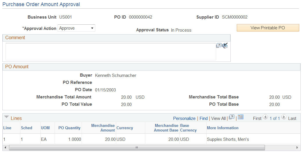 Purchase Order Amount Approval page