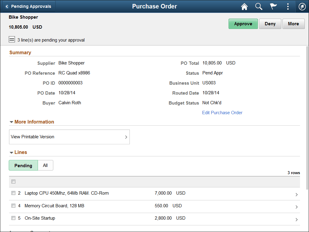 Purchase Order - Approval Header Detail page