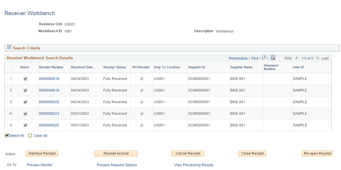 Receiver Workbench - Search page (2 of 2)