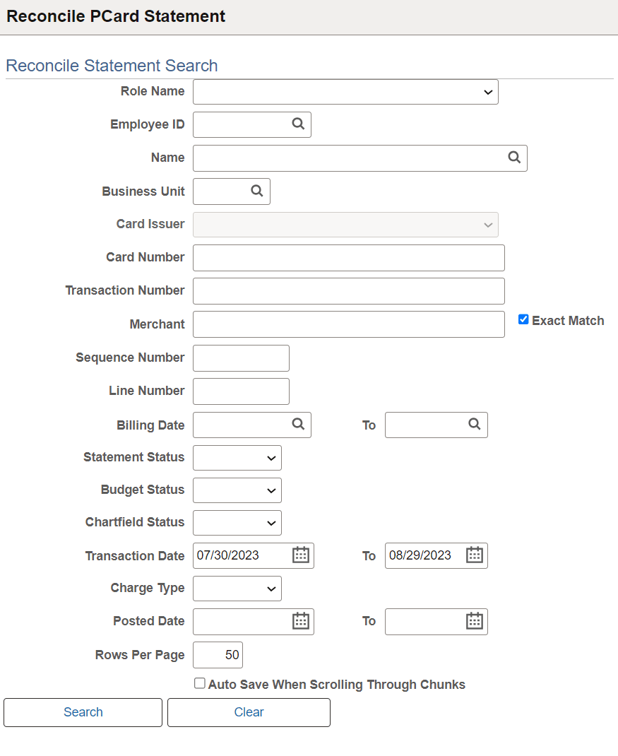 Reconcile PCard Statement Search