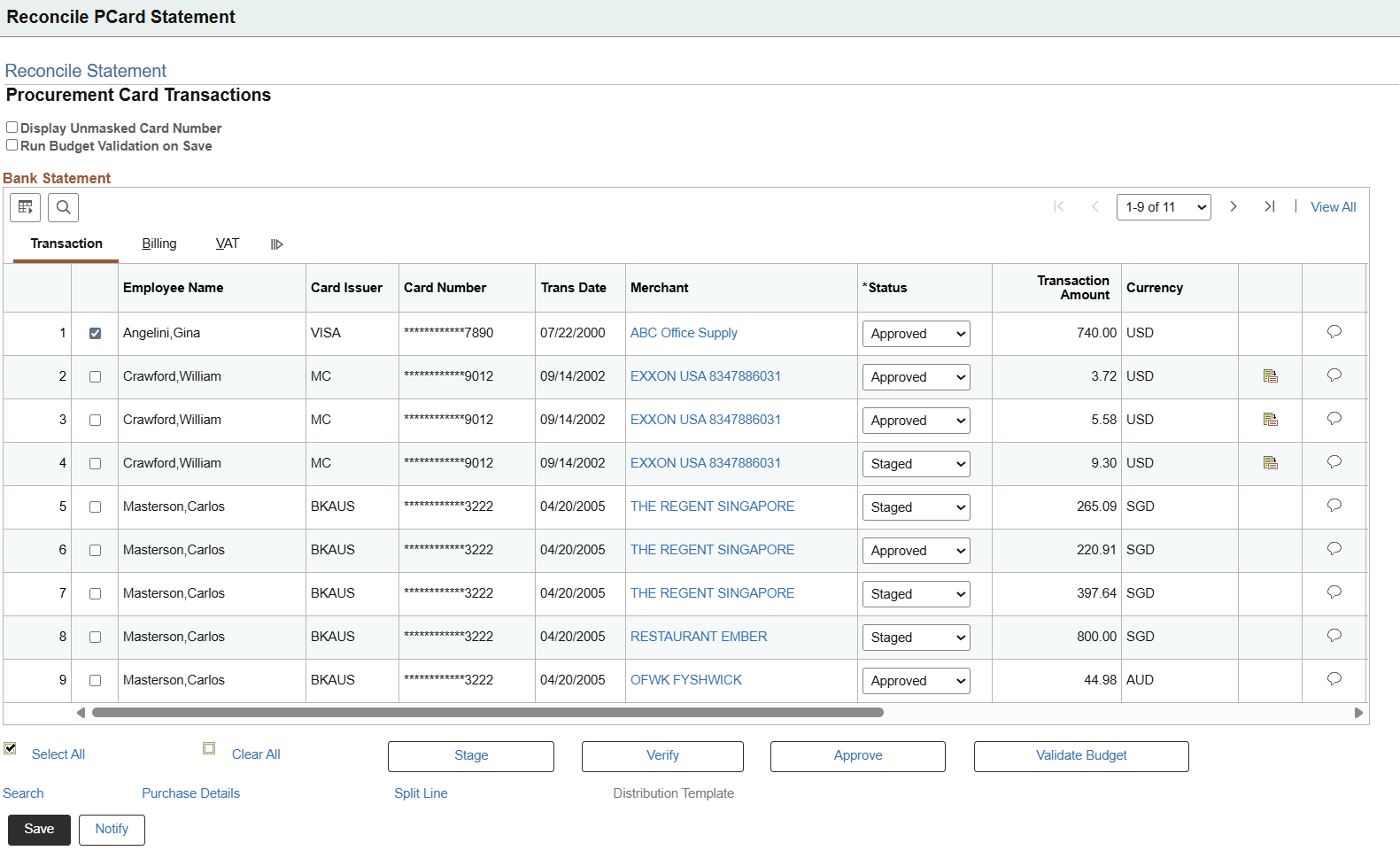 Reconcile Statement Search Result page