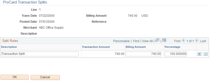 Reconcile Statement - Split Transaction page