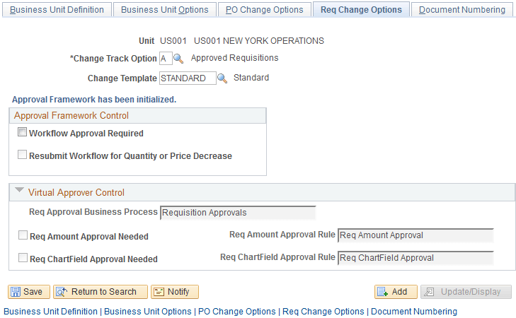 Requisition Change Options page