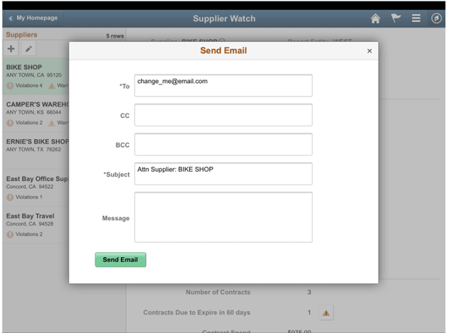 Supplier Watch List Send Email Page