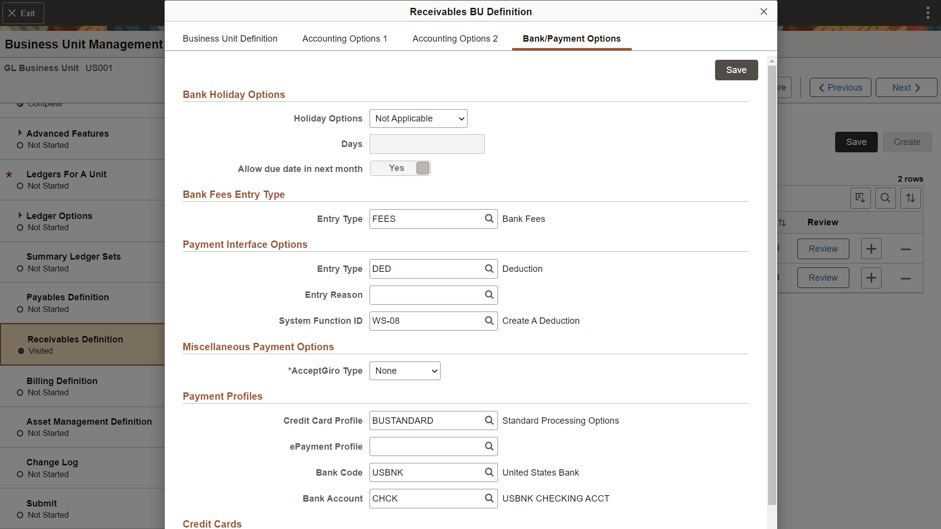 Business Unit Management - Bank/Payment Options page