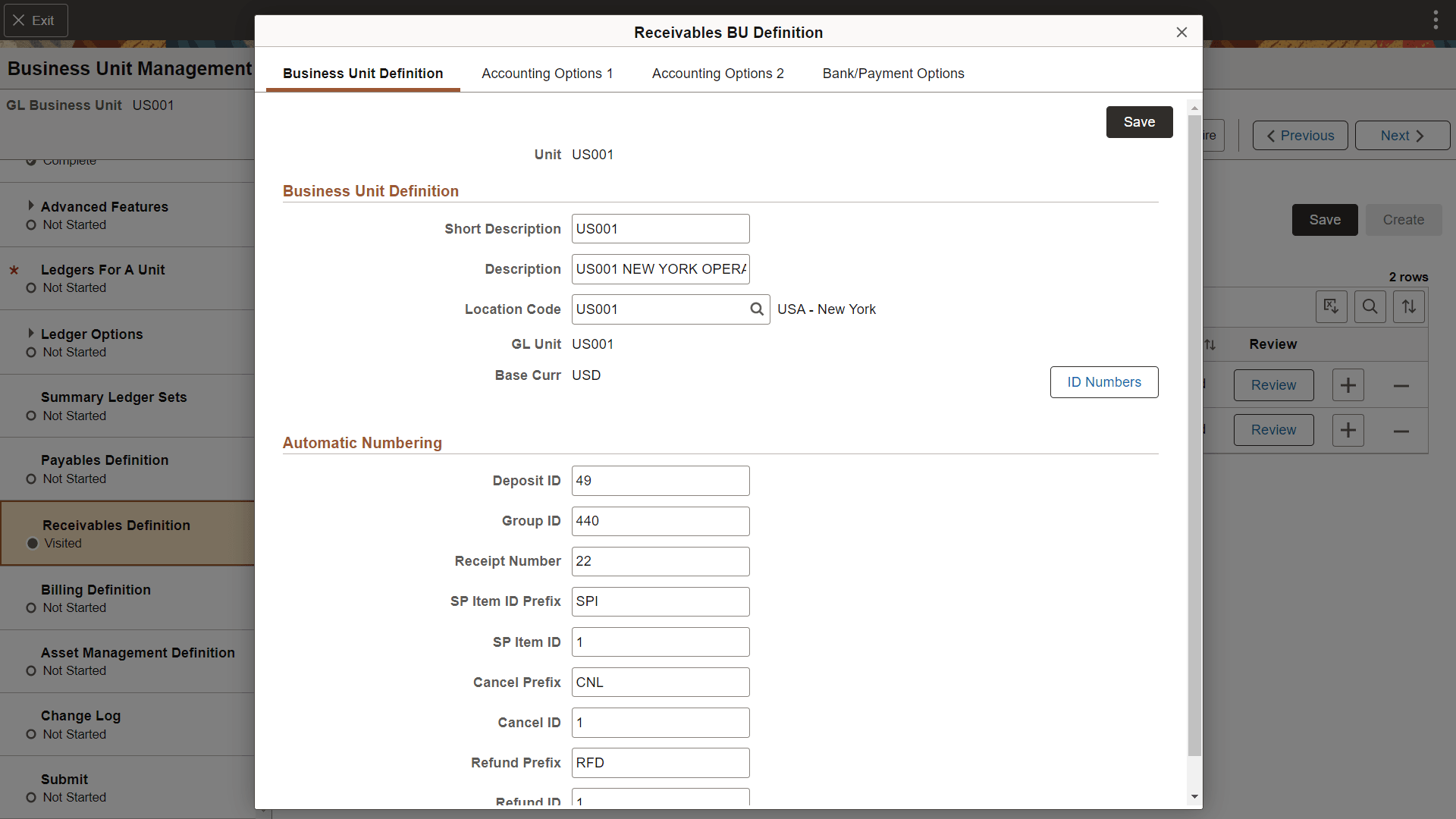Business Unit Management - Business Unit Definition page