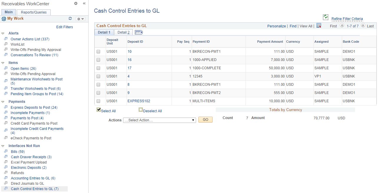 Cash Control Entries to GL page - Detail 1 tab