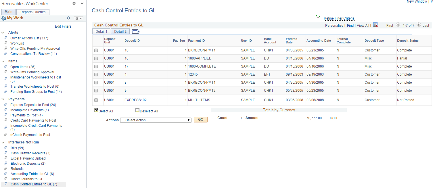 Cash Control Entries to GL page - Detail 2 tab