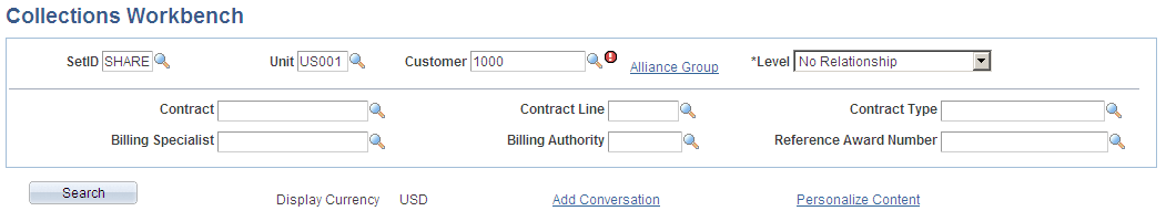 Collections Workbench page - including Contracts search criteria