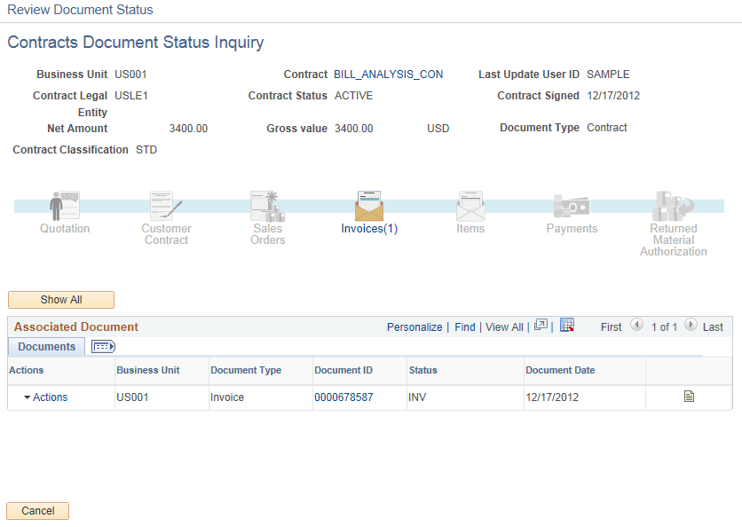 Contracts Document Status Inquiry page