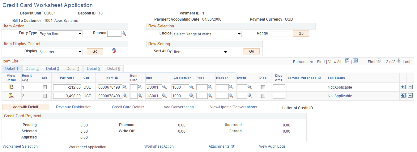 Credit Card Worksheet Application page