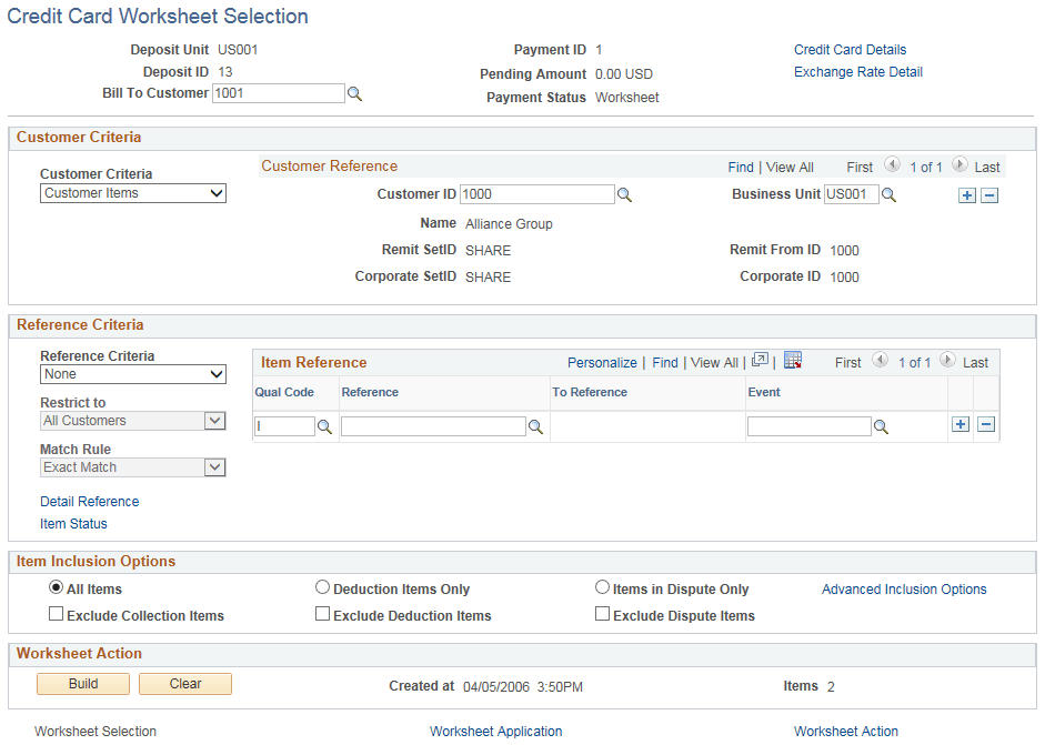 Credit Card Worksheet Selection page