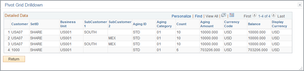 Customer Aging pagelet - Pivot Grid Drilldown page