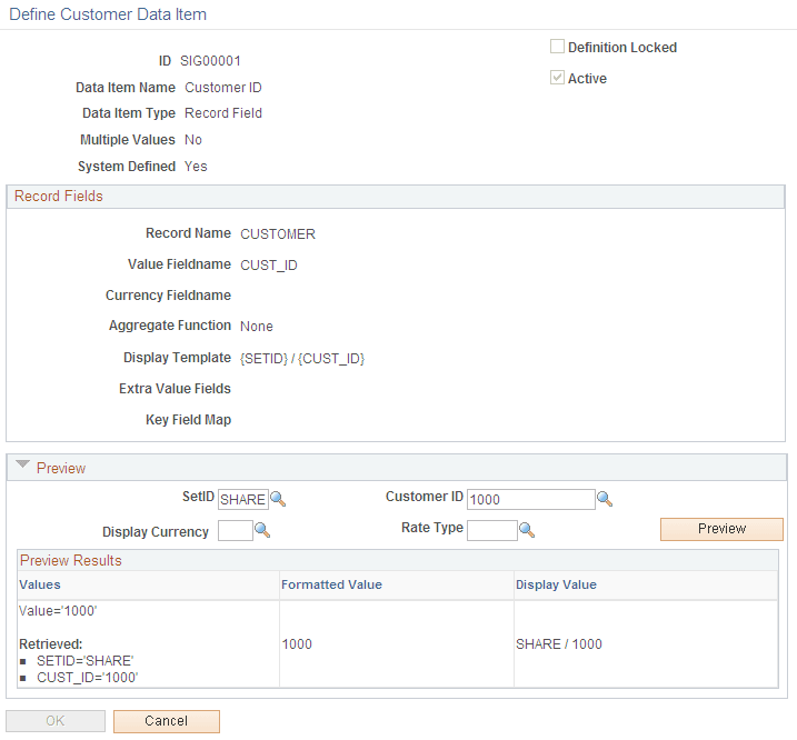 Define Customer Data Item page for record fields