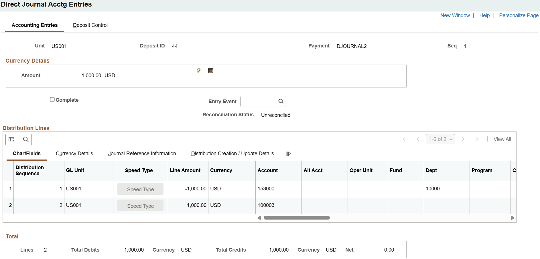 Direct Journal Payments - Accounting Entries page