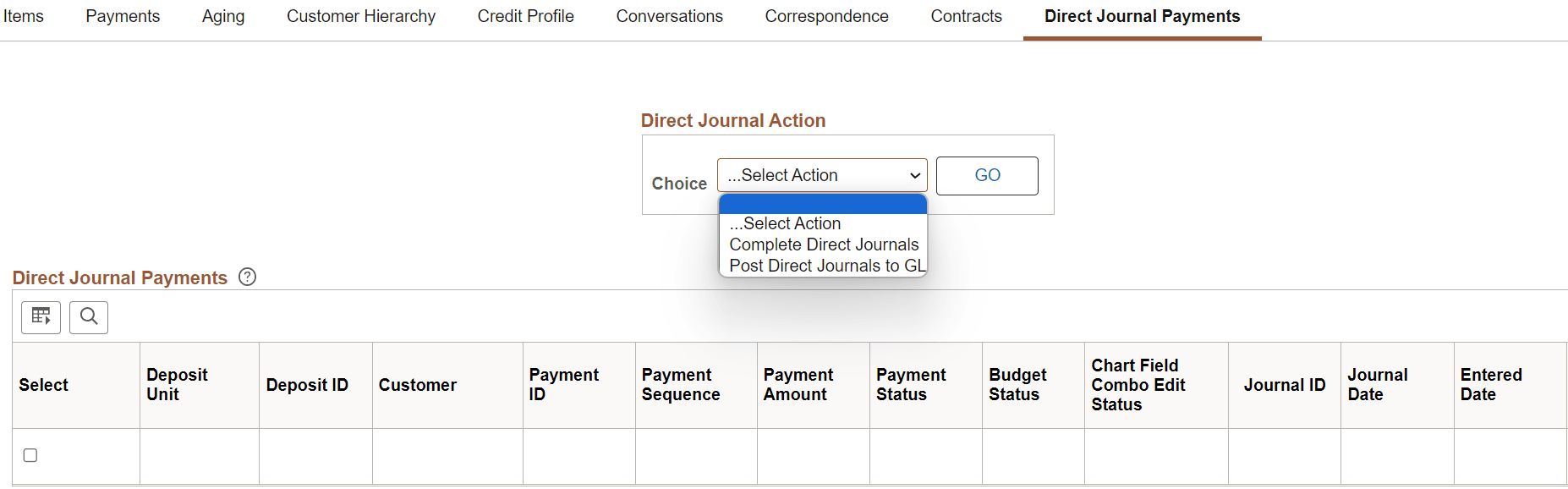Direct Journal Payments Tab