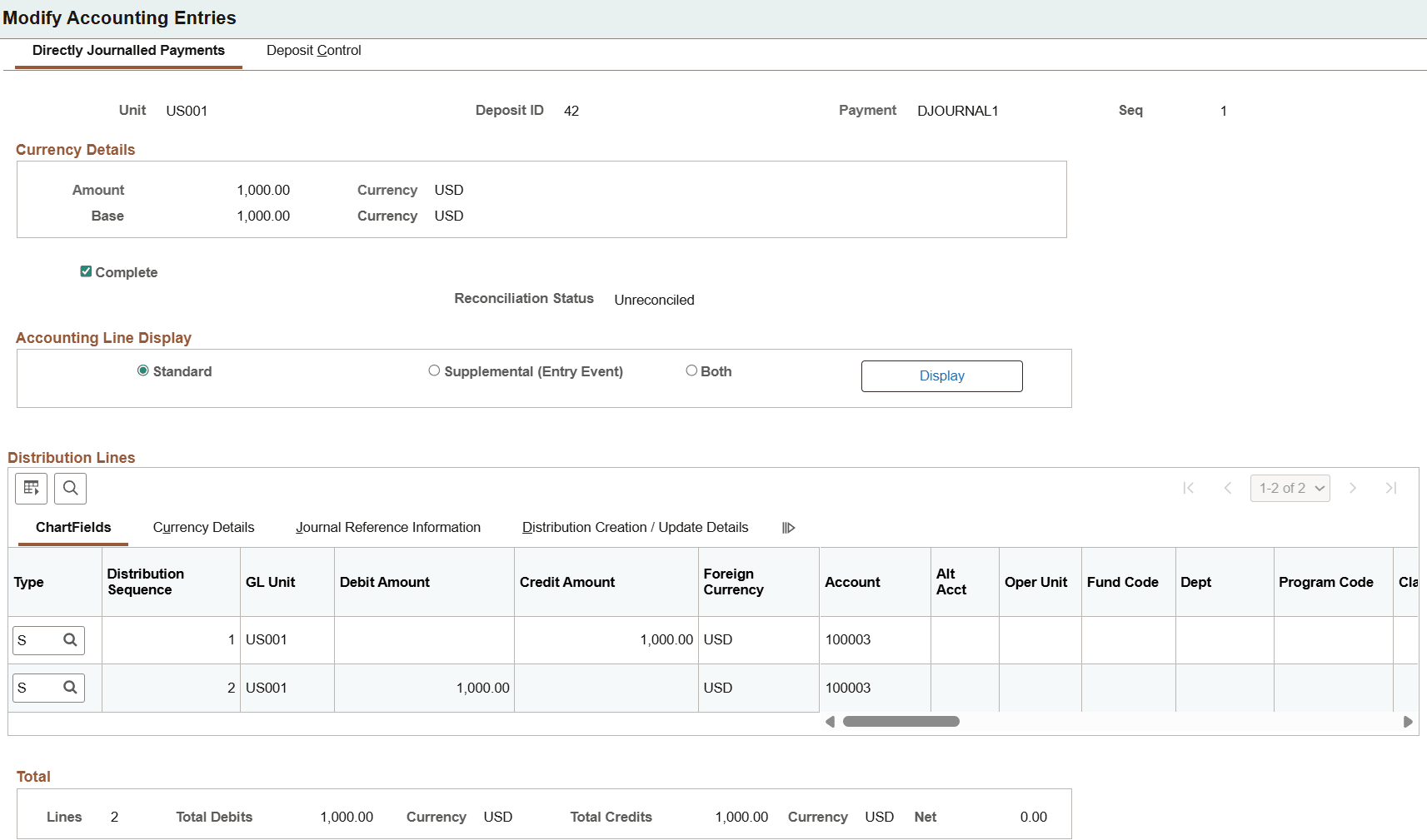 Directly Journalled Payments page