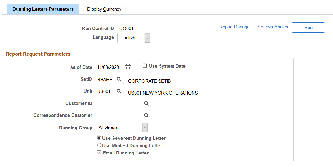 Dunning Letters Parameters page