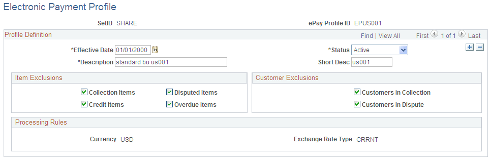 Electronic Payment Profile page