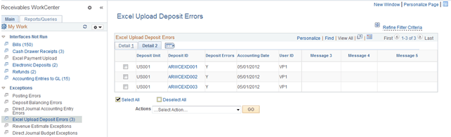 Excel Upload Deposit Errors page - Detail 2 tab